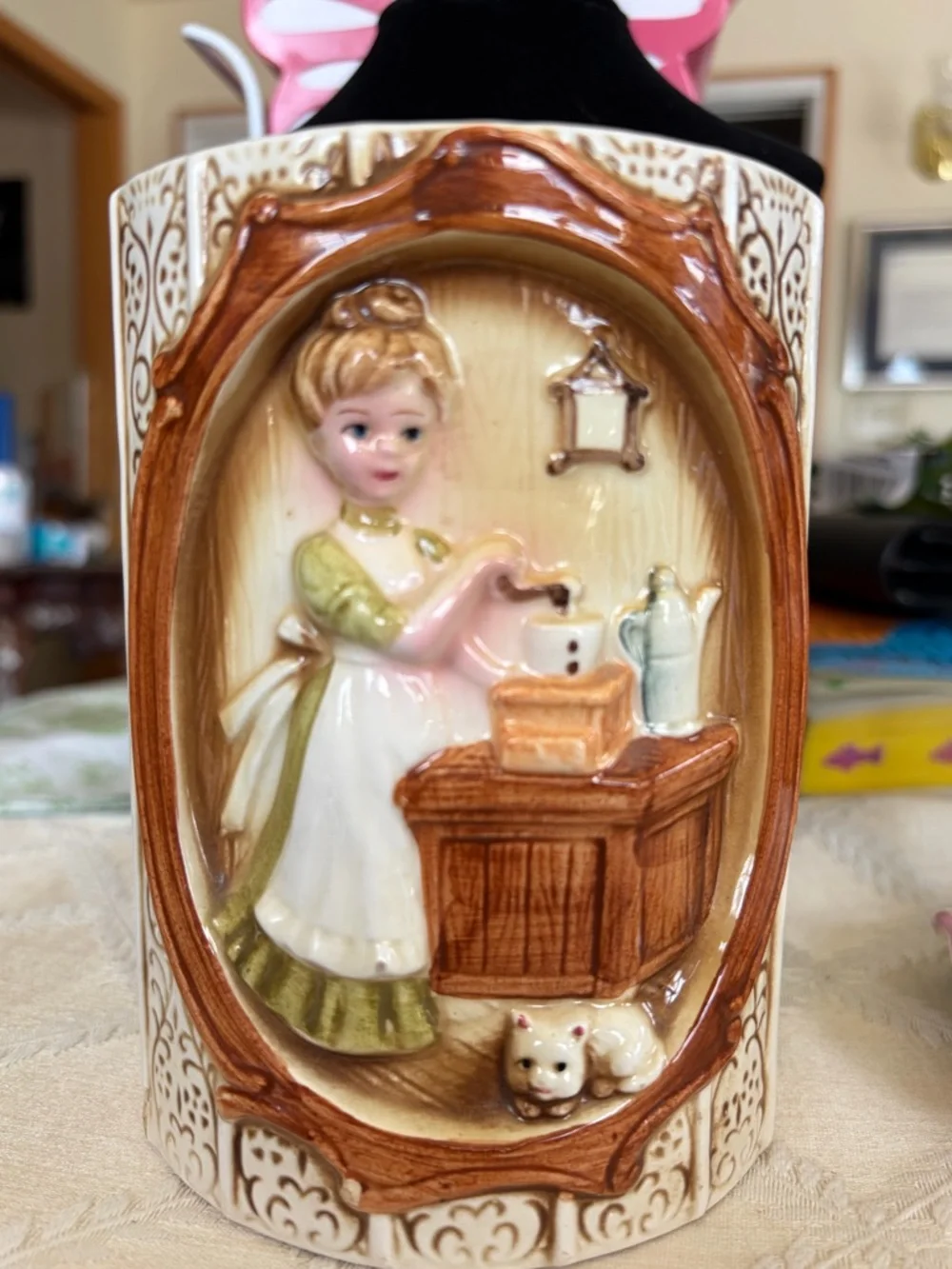 Vintage Decorative Ceramic Canister / Lady in Kitchen Scene 1978